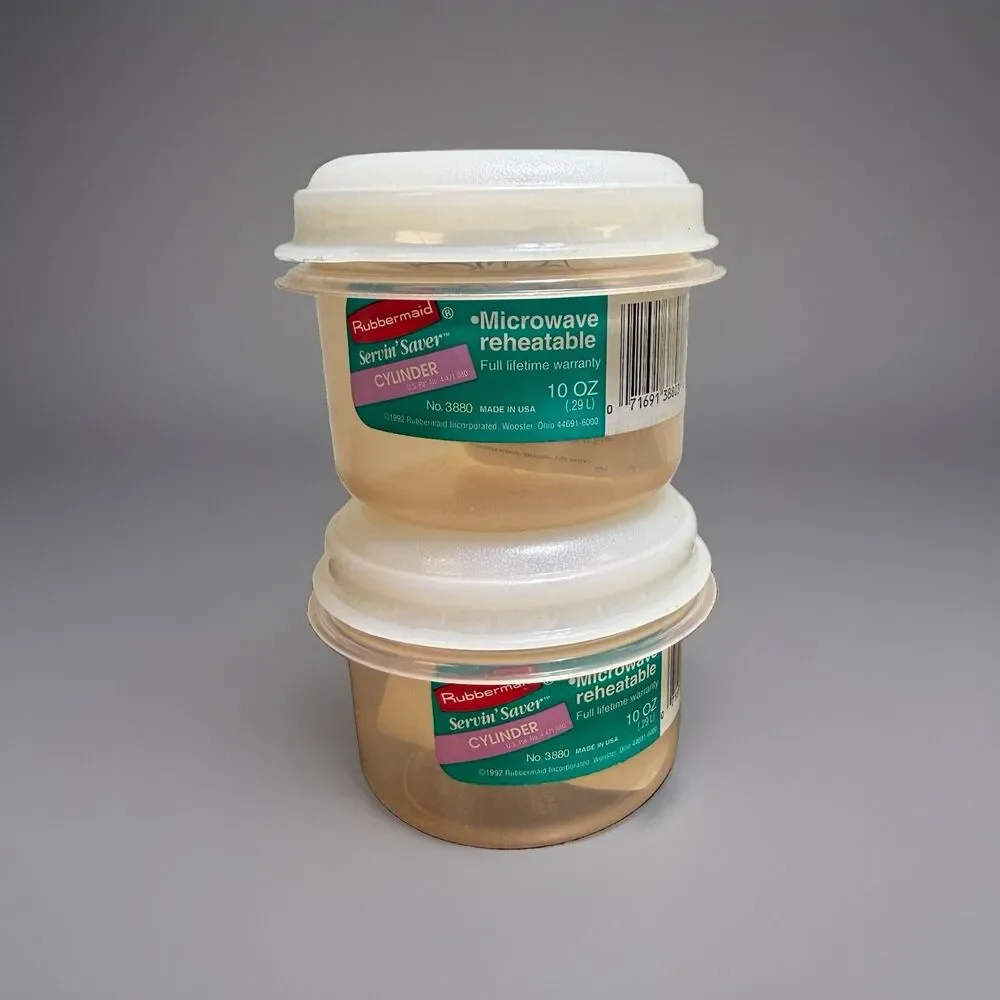 2 Vtg. Rubbermaid Servin Saver 1 Cup #6 Storage Container Almond Lids NOS 1991